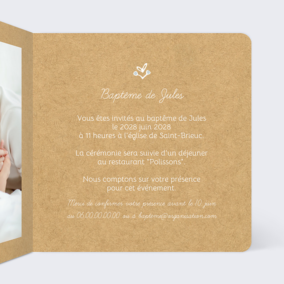 Faire-part baptême Faire-part baptême Dentelle kraft Intérieur Droit