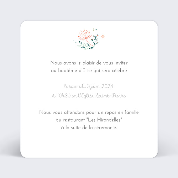 Faire-part baptême Couronne de Fleurs Verso