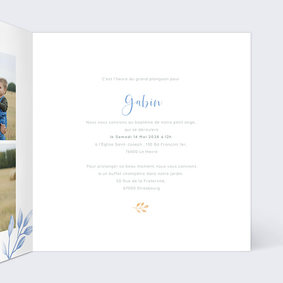 Faire-part baptême Bleuet Intérieur Droit