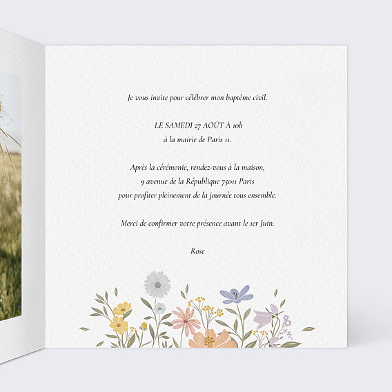 Faire-part baptême Bucolique Intérieur Droit