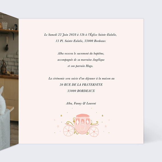 Faire-part baptême Carrosse Rose Intérieur Droit