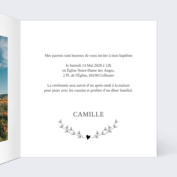 Faire-part baptême Coeur Bucolique Fleur Intérieur Droit