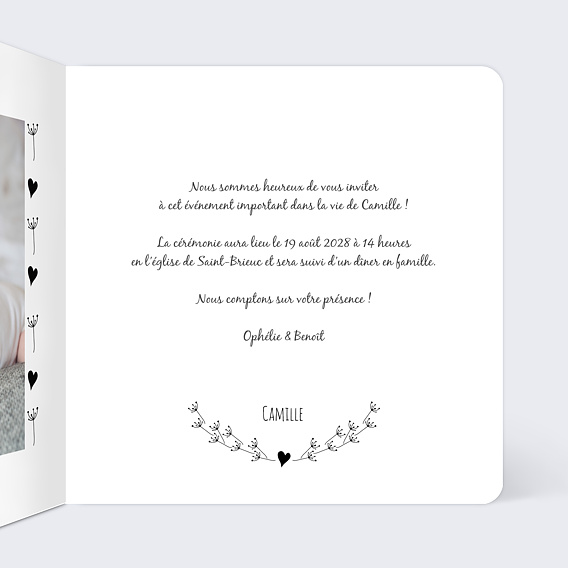 Faire-part baptême Coeur Bucolique Intérieur Droit