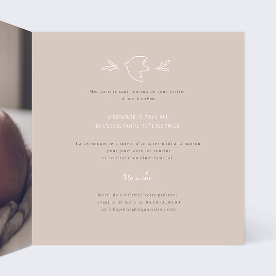 Faire-part baptême Colombe au Crayon Intérieur Droit