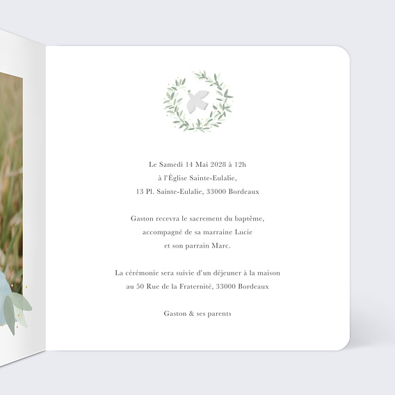 Faire-part baptême Colombe Eucalyptus Intérieur Droit