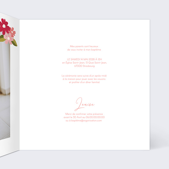 Faire-part baptême Couronne de Bégonias Intérieur Droit