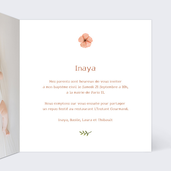 Faire-part baptême Couronne de Fleurs II Intérieur Droit