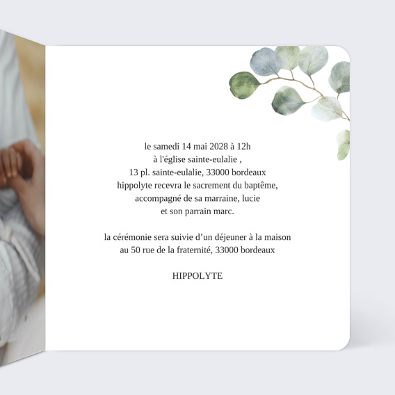 Faire-part baptême Couronne Ocre Eucalyptus Intérieur Droit