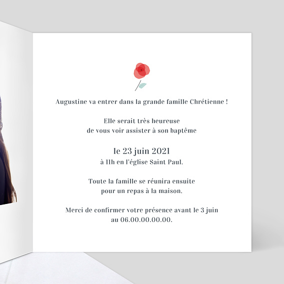 Faire-part baptême Faire-part Baptême Croix Fleurie Intérieur Droit