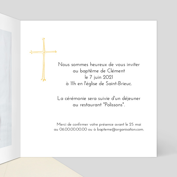 Faire-part baptême Croix d'Or Intérieur Droit