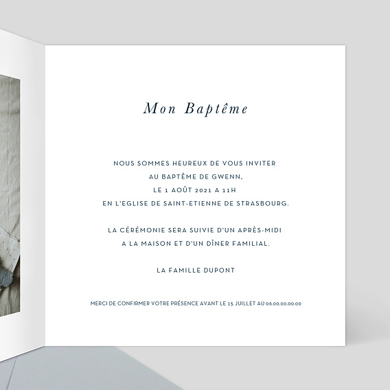 Faire-part baptême Dorure Marianne Intérieur Droit