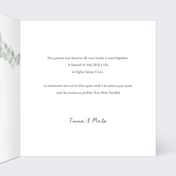Faire-part baptême Fratrie Eucalyptus Intérieur Droit