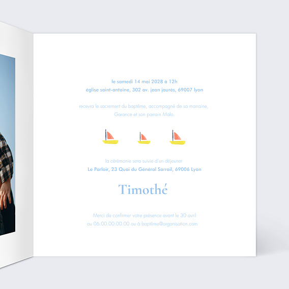 Faire-part baptême Jolies Bateaux Intérieur Droit