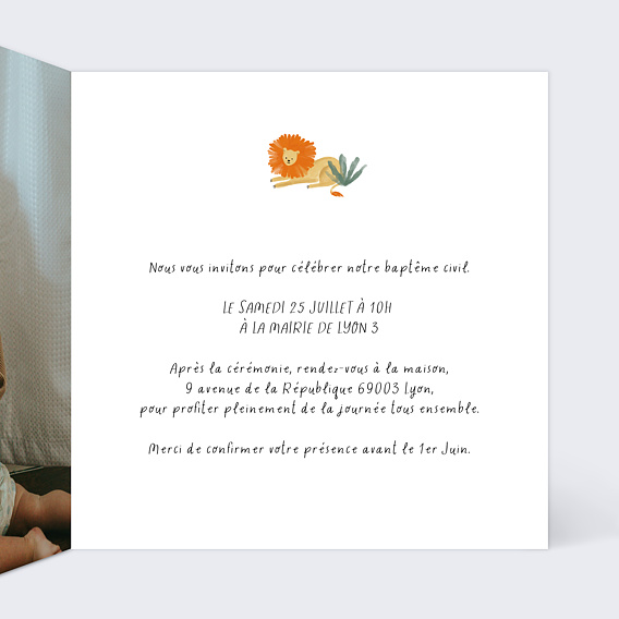 Faire-part baptême Jungle Sauvage Intérieur Droit