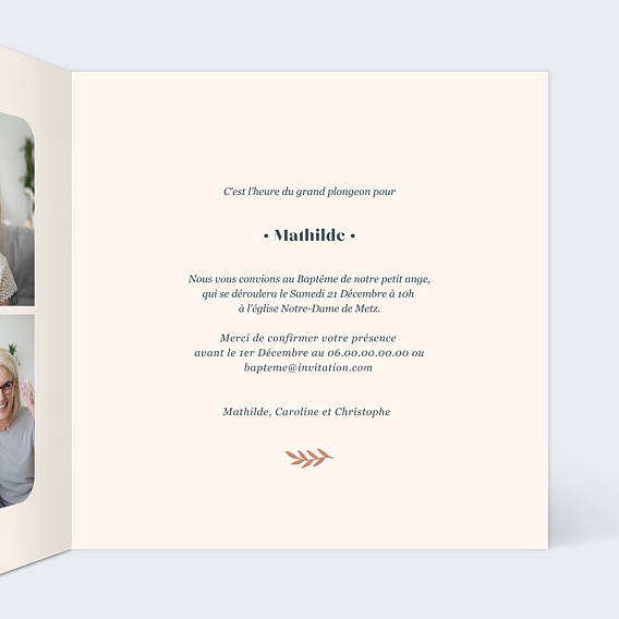 Faire-part baptême Mésange Couronne Intérieur Droit