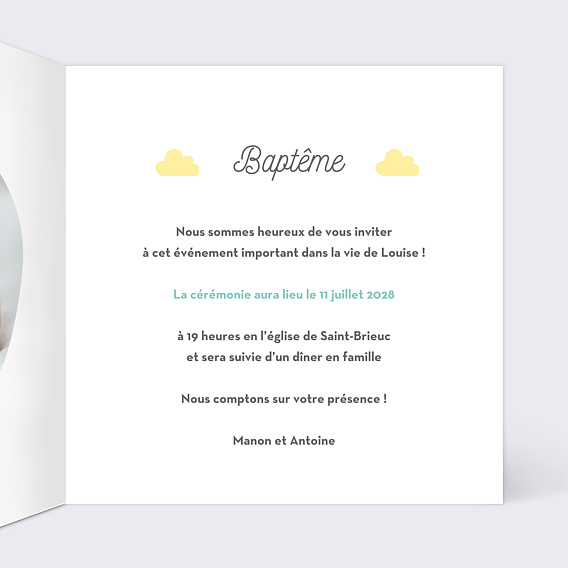 Faire-part baptême Nuages Doux Intérieur Droit