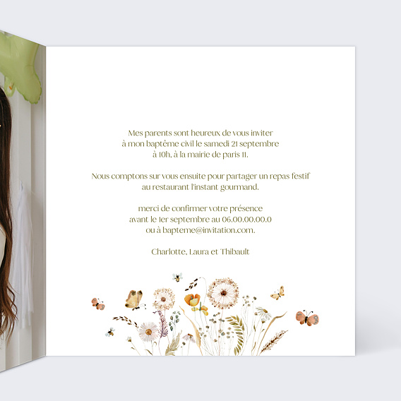 Faire-part baptême Papillon et Fleurs Intérieur Droit