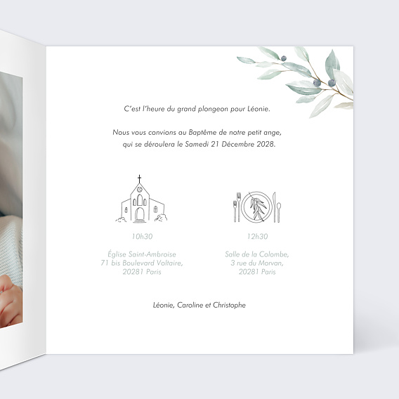 Faire-part baptême Petite Croix Intérieur Droit