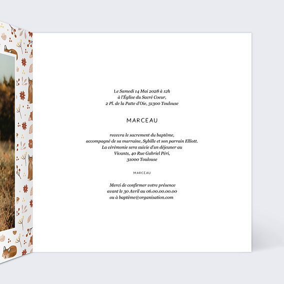 Faire-part baptême Renardeau Intérieur Droit