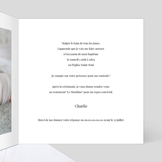 Faire-part baptême Tirets Intérieur Droit