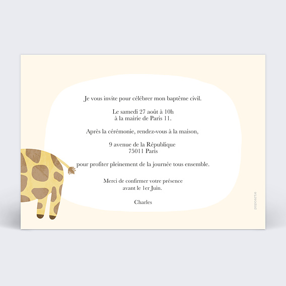 Faire-part baptême Petite Girafe Verso