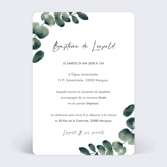 Faire-part baptême Eucalyptus Calendrier Verso