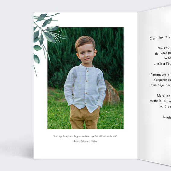 Faire-part baptême Feuilles et liseré ocre Intérieur Gauche