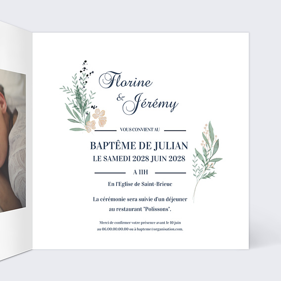 Faire-part baptême Couronne Verdoyante Intérieur Droit