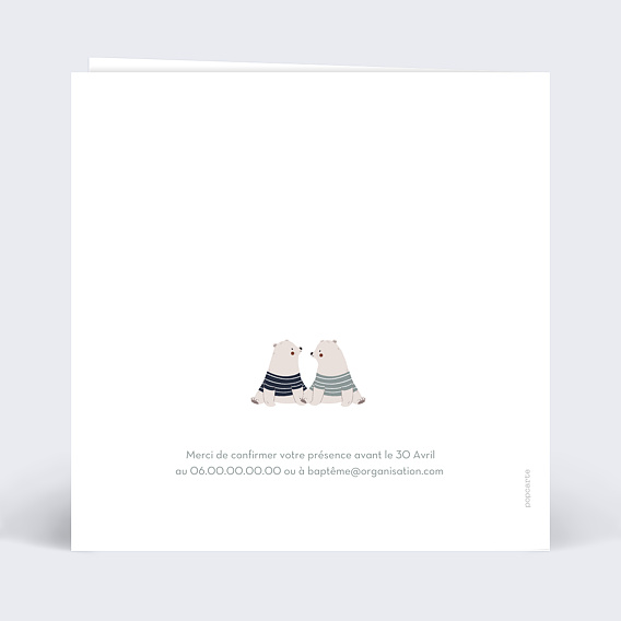 Faire-part baptême Jumeaux Oursons Verso