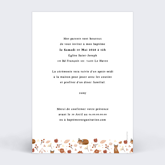 Faire-part baptême Frise Renard Verso