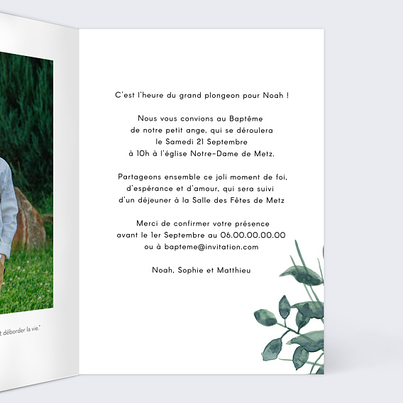 Faire-part baptême Feuilles et liseré ocre Intérieur Droit