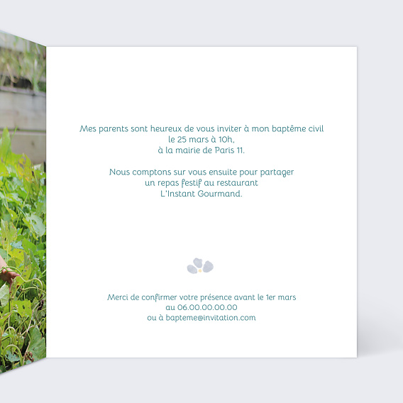 Faire-part baptême Petites fleurs bleues Intérieur Droit