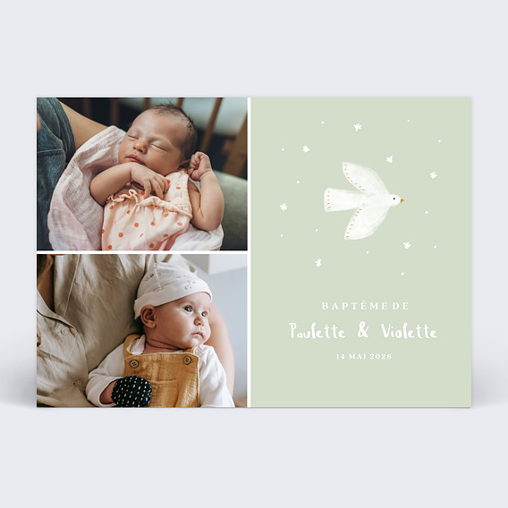 Faire-part baptême Jumeaux Colombe Recto