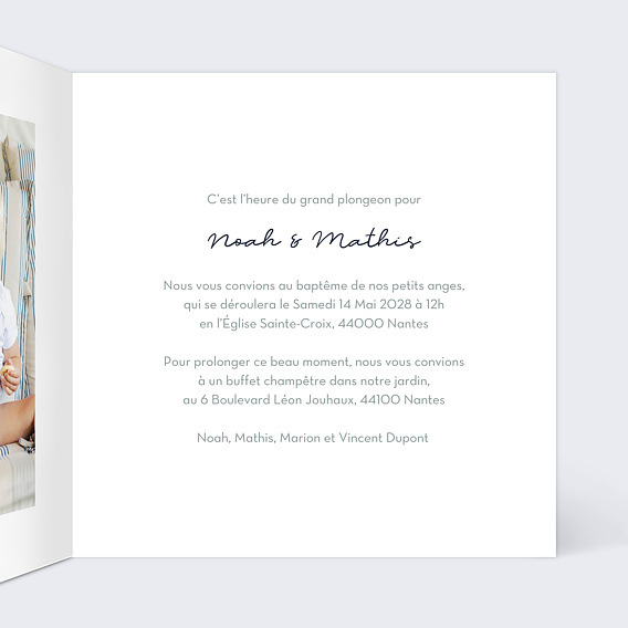 Faire-part baptême Jumeaux Oursons Intérieur Droit