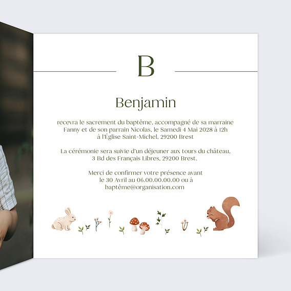 Faire-part baptême Ambiance Foret Intérieur Droit