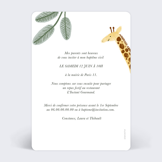 Faire-part baptême Amis de la jungle Verso