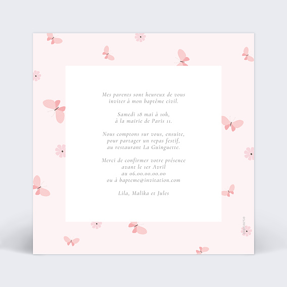 Faire-part baptême Papillon Féerique Verso