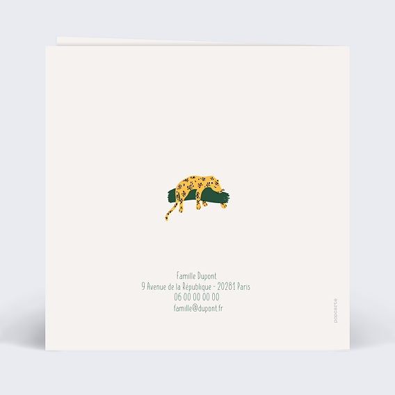 Faire-part baptême Lettrine guépard Verso