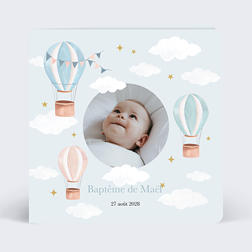 Faire-part Baptme Ciel et Montgolfires