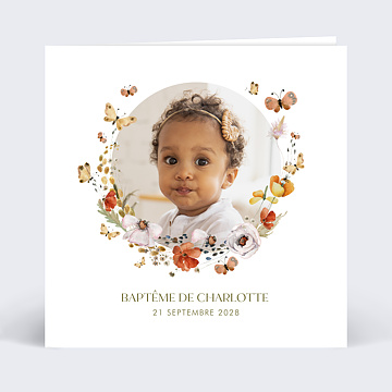 Faire-part Baptme Papillon et Fleurs