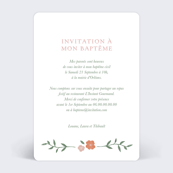 Faire-part baptême Licorne Fleurie Verso