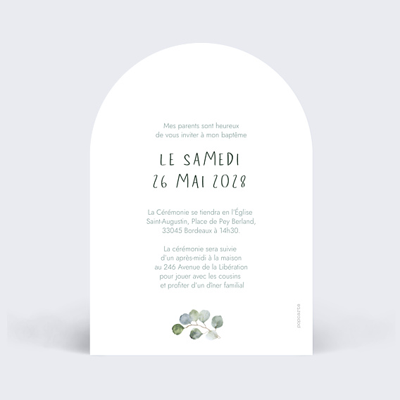 Faire-part Baptême Portrait en aquarelle avec couronne eucalyptus