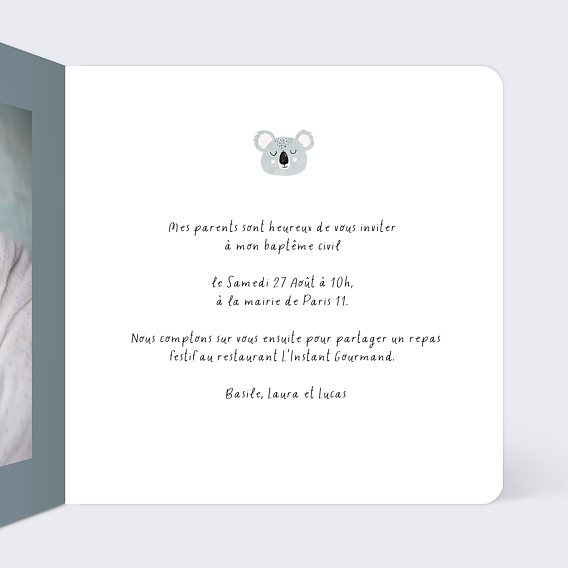Faire-part baptême Rêve de koala Intérieur Droit