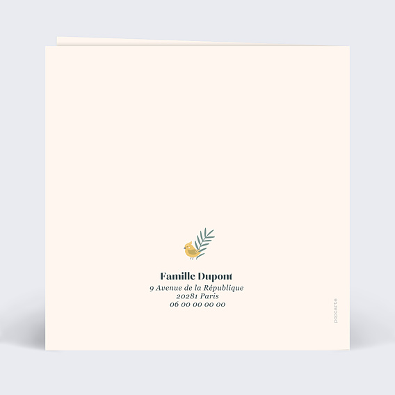 Faire-part baptême Mésange Couronne Verso