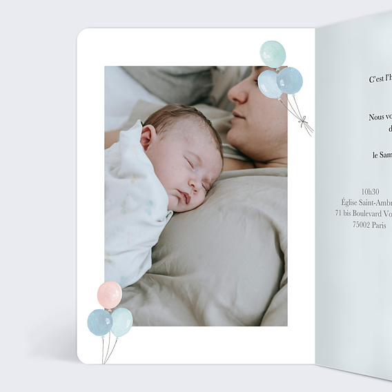 Faire-part baptême Montgolfière animaux Intérieur Gauche