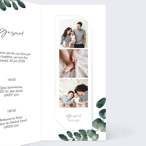 Faire-part baptême Branche d'Eucalyptus Intérieur Droit