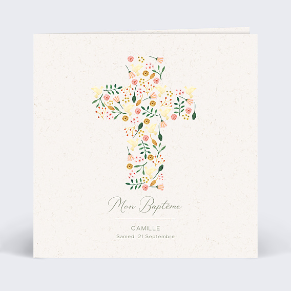 Faire-part Baptême Croix Fleurie II