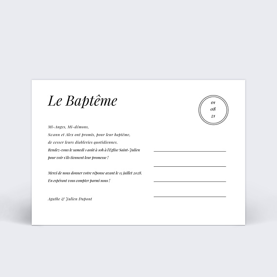 Faire-part Baptême Étiquette Verticale