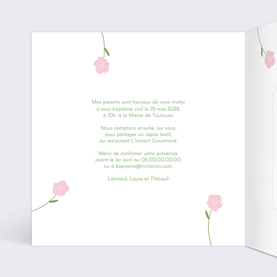 Faire-part baptême Colombe Fleurie Graines Intérieur Gauche