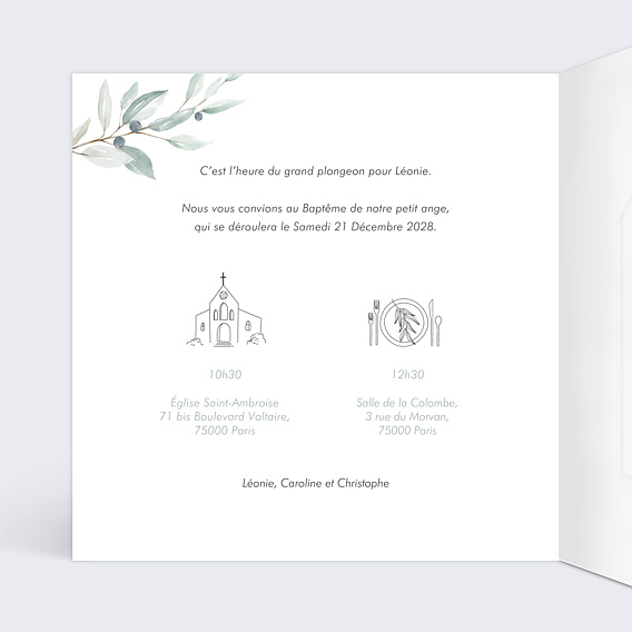 Faire-part baptême Petite Croix Graines Intérieur Gauche